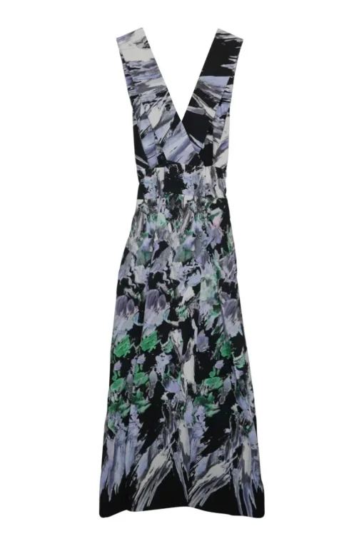 Black cotton-blend crêpe abstract print draped A-line plunge sun dress with criss-cross back