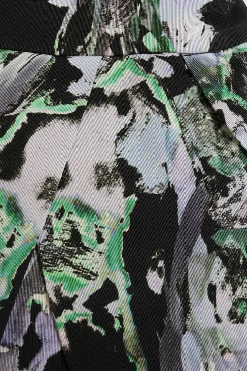 Black cotton-blend crêpe abstract print draped A-line plunge sun dress with criss-cross back