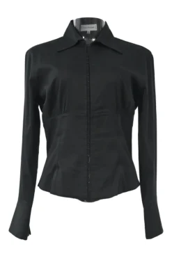 Black cotton-blend dagger collar corset-style shirt with exposed hook and eye front closure