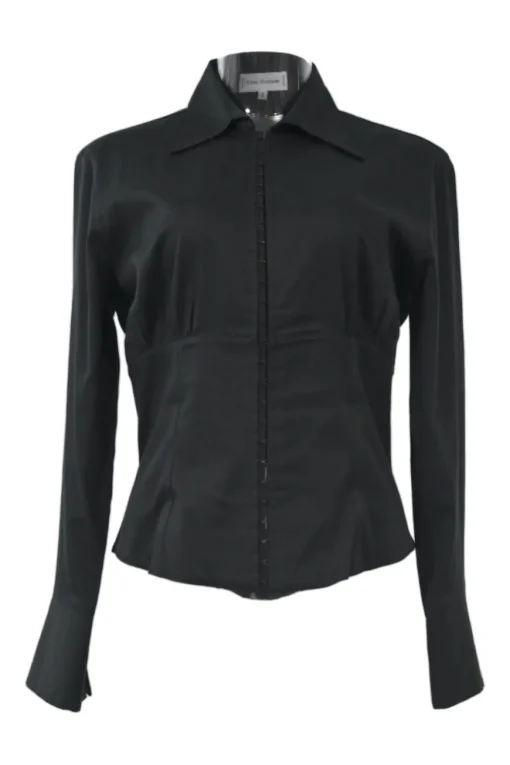 Black cotton-blend dagger collar corset-style shirt with exposed hook and eye front closure