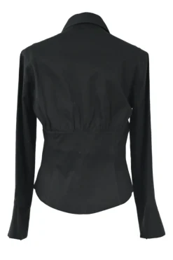 Black cotton-blend dagger collar corset-style shirt with exposed hook and eye front closure