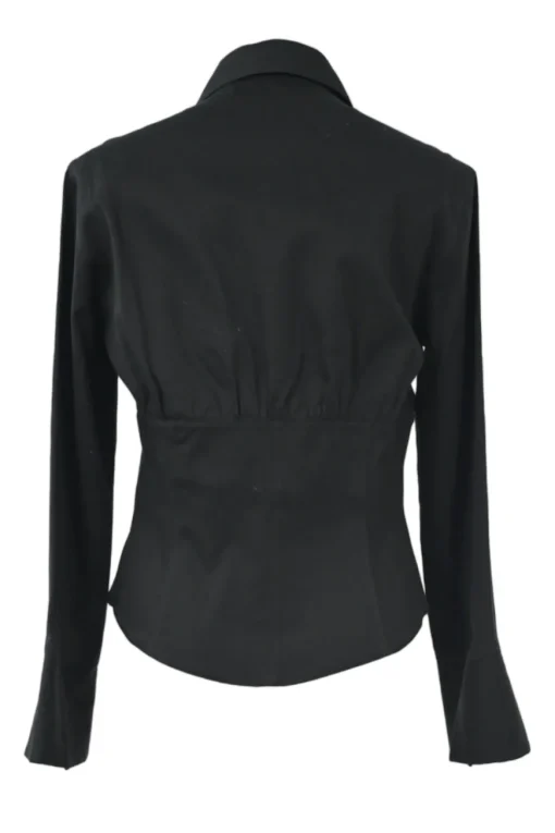 Black cotton-blend dagger collar corset-style shirt with exposed hook and eye front closure