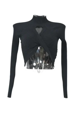 Black cotton-blend Figure 8 rib knit reversible crop top