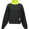 Black cotton-blend fleece turtleneck pullover hoodie featuring fluo-green rib knit collar