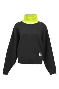 Black cotton-blend fleece turtleneck pullover hoodie featuring fluo-green rib knit collar
