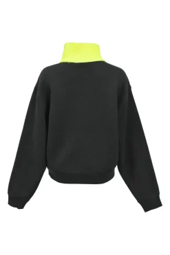 Black cotton-blend fleece turtleneck pullover hoodie featuring fluo-green rib knit collar