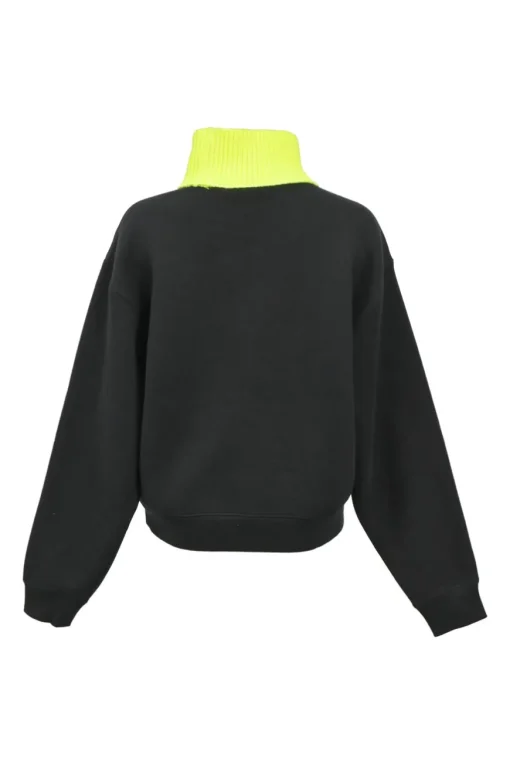 Black cotton-blend fleece turtleneck pullover hoodie featuring fluo-green rib knit collar