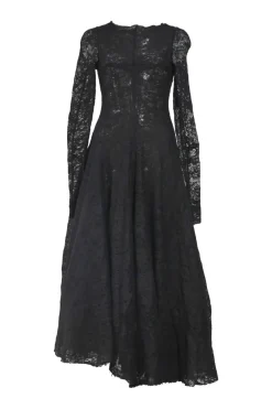 Black cotton-blend floral lace peek-a-boo floor-length dress with long sleeves and godet skirt