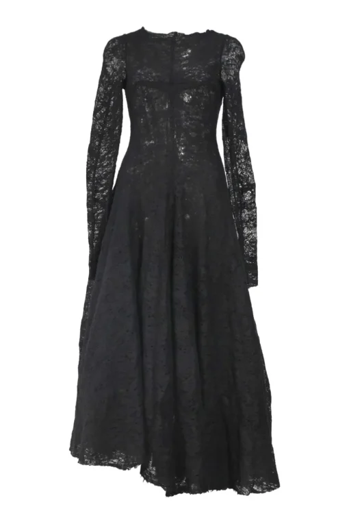 Black cotton-blend floral lace peek-a-boo floor-length dress with long sleeves and godet skirt