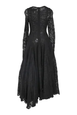 Black cotton-blend floral lace peek-a-boo floor-length dress with long sleeves and godet skirt