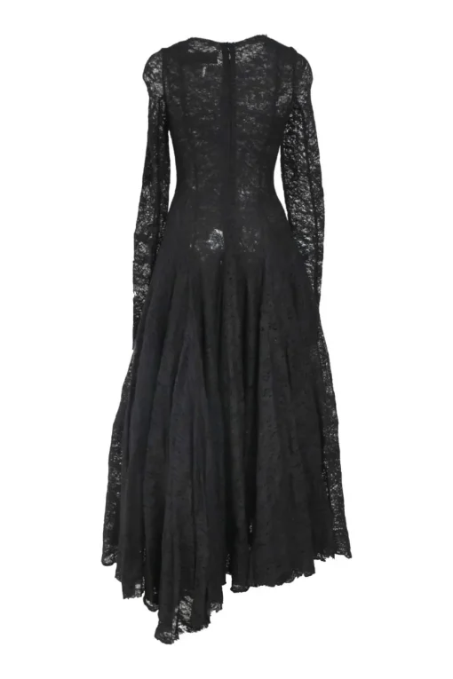 Black cotton-blend floral lace peek-a-boo floor-length dress with long sleeves and godet skirt