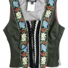 Black cotton-blend floral-embroidered Góralskie-inspired lace-up stays with slogan back panel