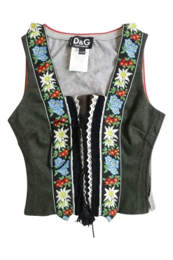 Black cotton-blend floral-embroidered Góralskie-inspired lace-up stays with slogan back panel