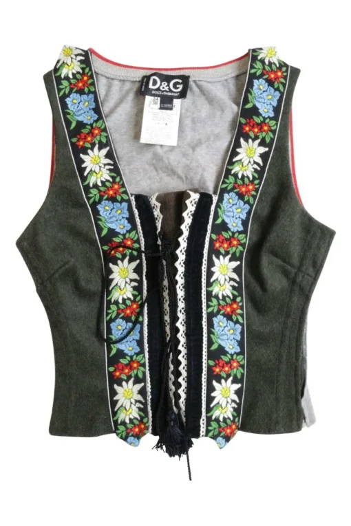 Black cotton-blend floral-embroidered Góralskie-inspired lace-up stays with slogan back panel