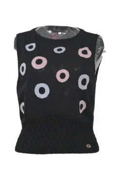 Black cotton-blend fully-fashioned intarsia knit gilet featuring multi-colour hoop motif