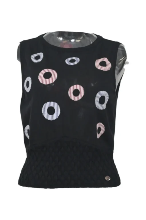 Black cotton-blend fully-fashioned intarsia knit gilet featuring multi-colour hoop motif