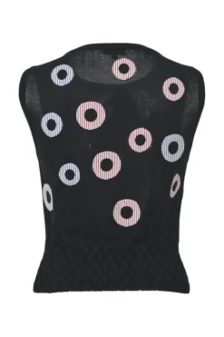 Black cotton-blend fully-fashioned intarsia knit gilet featuring multi-colour hoop motif
