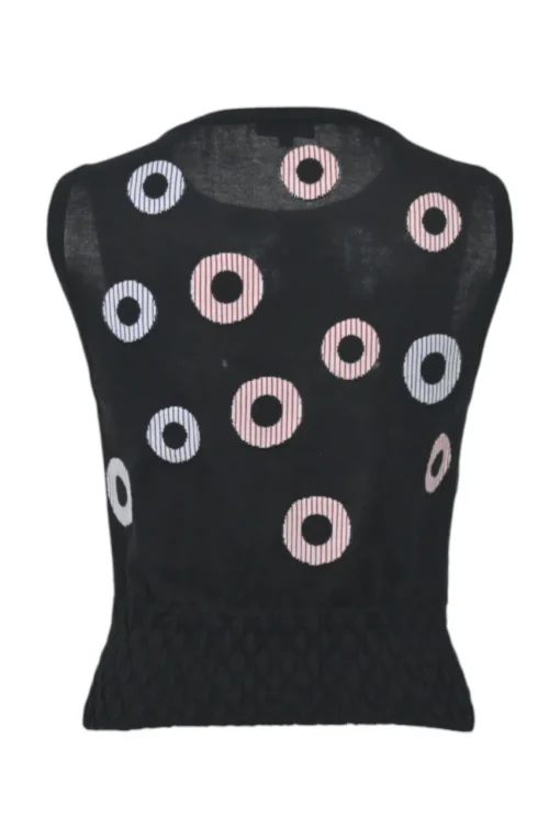 Black cotton-blend fully-fashioned intarsia knit gilet featuring multi-colour hoop motif