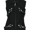 Black cotton-blend gabardine point collar zip-up sleeveless biker jacket with leather strap appliqué