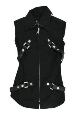 Black cotton-blend gabardine point collar zip-up sleeveless biker jacket with leather strap appliqué