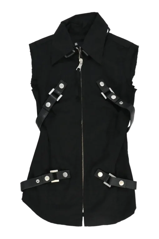 Black cotton-blend gabardine point collar zip-up sleeveless biker jacket with leather strap appliqué