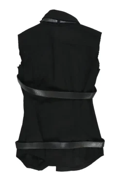 Black cotton-blend gabardine point collar zip-up sleeveless biker jacket with leather strap appliqué