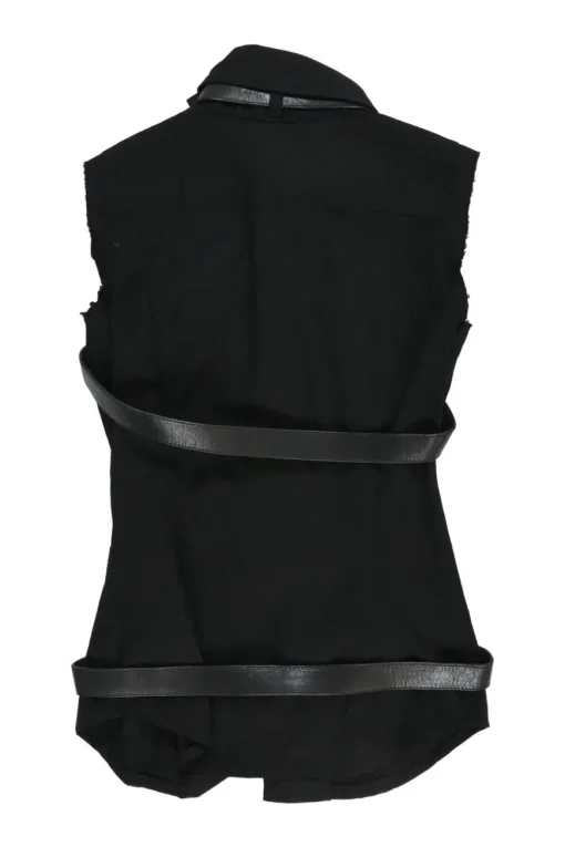 Black cotton-blend gabardine point collar zip-up sleeveless biker jacket with leather strap appliqué