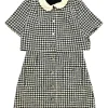 Black cotton-blend houndstooth tweed bi-layer mini dress with scalloped collar and logo shank buttons