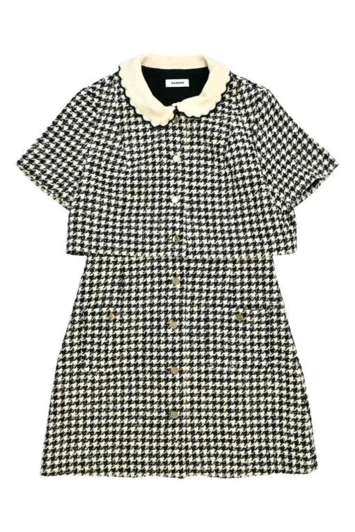Black cotton-blend houndstooth tweed bi-layer mini dress with scalloped collar and logo shank buttons