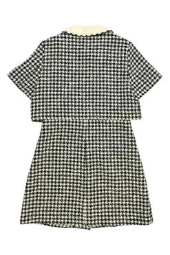 Black cotton-blend houndstooth tweed bi-layer mini dress with scalloped collar and logo shank buttons