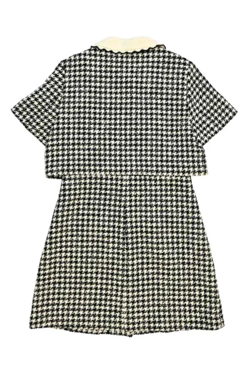 Black cotton-blend houndstooth tweed bi-layer mini dress with scalloped collar and logo shank buttons