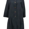 Black cotton-blend jacquard Peter Pan collar drop-waist shift dress with button-front closure and cropped sleeves