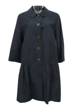 Black cotton-blend jacquard Peter Pan collar drop-waist shift dress with button-front closure and cropped sleeves