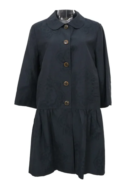 Black cotton-blend jacquard Peter Pan collar drop-waist shift dress with button-front closure and cropped sleeves
