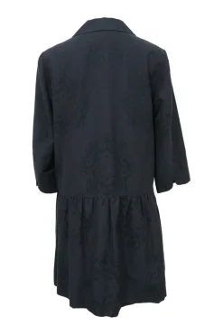 Black cotton-blend jacquard Peter Pan collar drop-waist shift dress with button-front closure and cropped sleeves