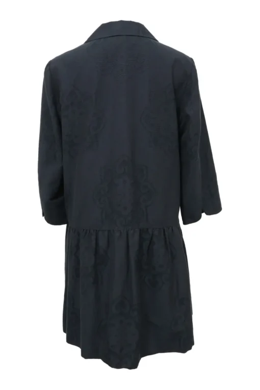 Black cotton-blend jacquard Peter Pan collar drop-waist shift dress with button-front closure and cropped sleeves