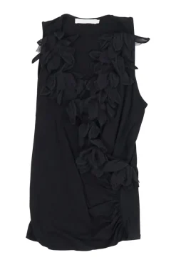 Black cotton-blend jersey wrap-effect ruched tunic shift with tonal floral appliqué