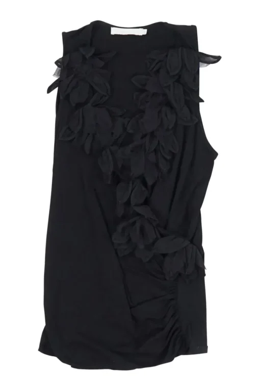 Black cotton-blend jersey wrap-effect ruched tunic shift with tonal floral appliqué