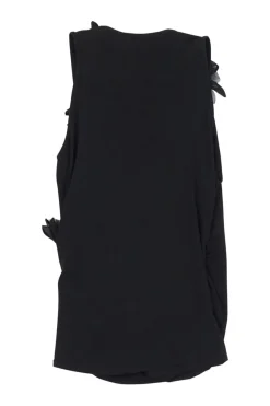 Black cotton-blend jersey wrap-effect ruched tunic shift with tonal floral appliqué