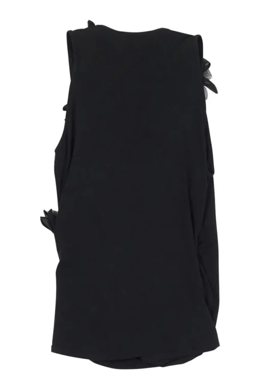 Black cotton-blend jersey wrap-effect ruched tunic shift with tonal floral appliqué