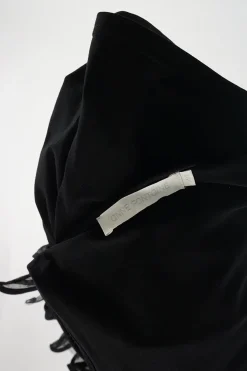 Black cotton-blend jersey wrap-effect ruched tunic shift with tonal floral appliqué