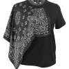 Black cotton-blend mixed-media asymmetric foulard cape T-shirt featuring tonal paisley bandana insert