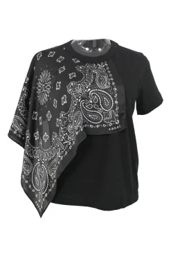 Black cotton-blend mixed-media asymmetric foulard cape T-shirt featuring tonal paisley bandana insert