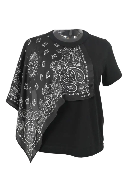 Black cotton-blend mixed-media asymmetric foulard cape T-shirt featuring tonal paisley bandana insert