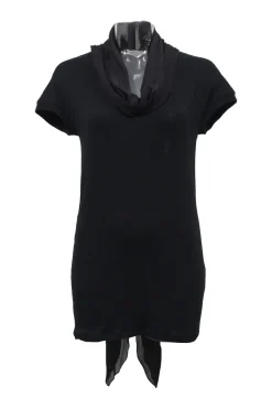 Black cotton-blend mixed-media cap sleeve foulard blouse