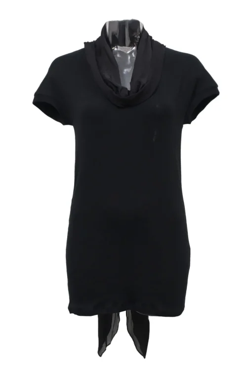 Black cotton-blend mixed-media cap sleeve foulard blouse