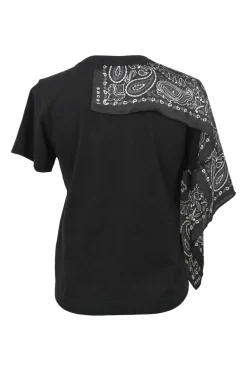 Black cotton-blend mixed-media asymmetric foulard cape T-shirt featuring tonal paisley bandana insert