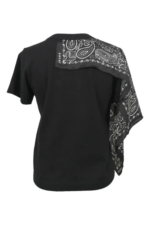 Black cotton-blend mixed-media asymmetric foulard cape T-shirt featuring tonal paisley bandana insert