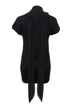 Black cotton-blend mixed-media cap sleeve foulard blouse