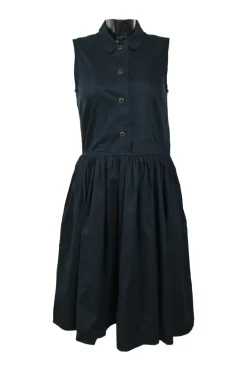 Black cotton-blend  Peter Pan collar button-front sleeveless A-line dress